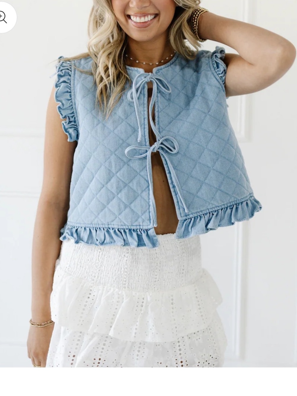 Mable Cottagecore Light Blue Quilted Denim Vest Ruffle Trim M